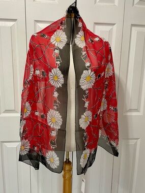 Moschino Black, Red, White and Yellow Floral Silk Scarf